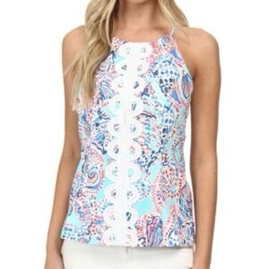 Lily Pulitzer Women’s Blue Shell Embroidered Annabelle Halter Tank Top Sz 2